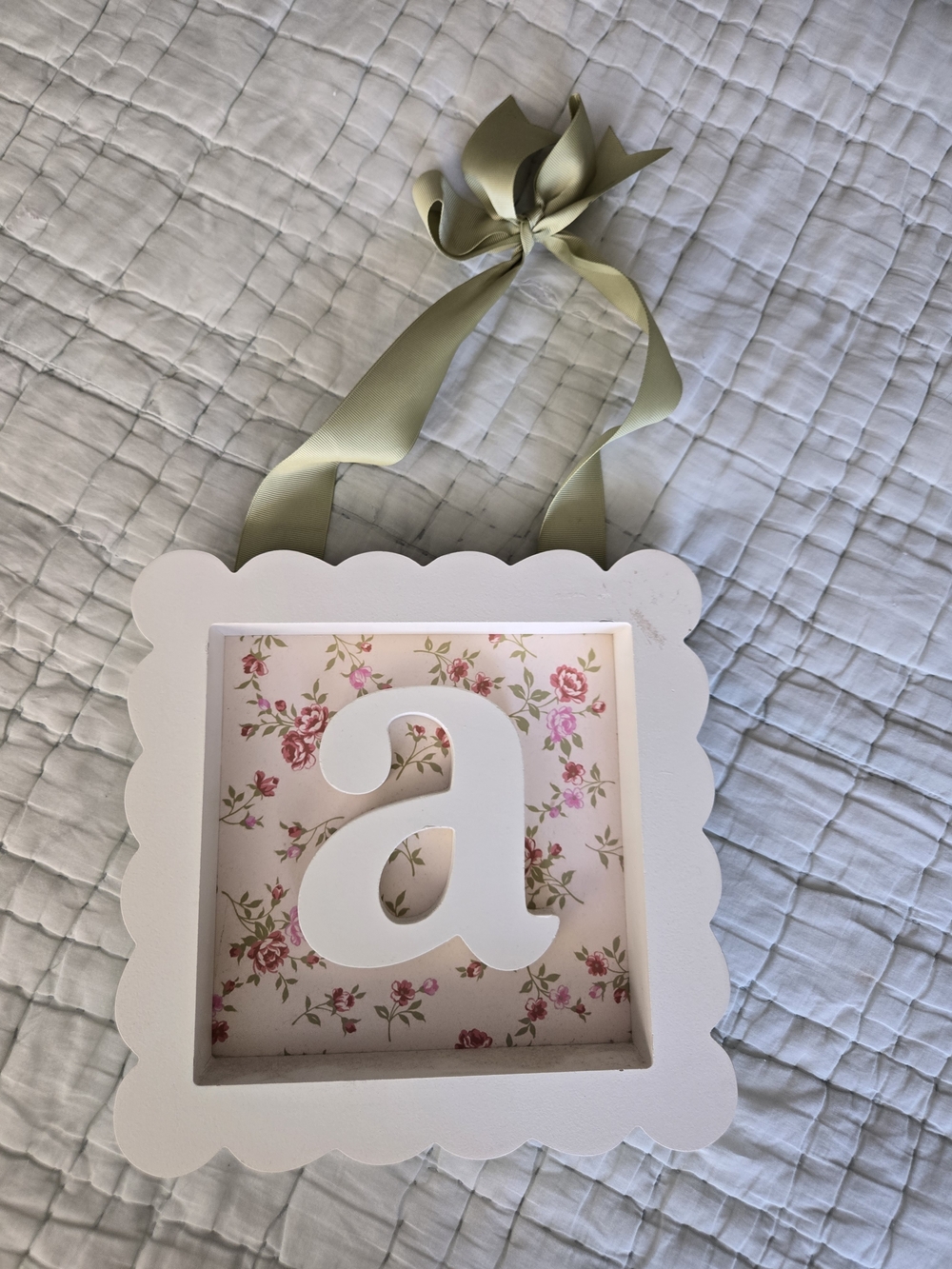 White Scalloped Frame Wall Letter 'a' with Pink Floral Inset and Sage Ribbon